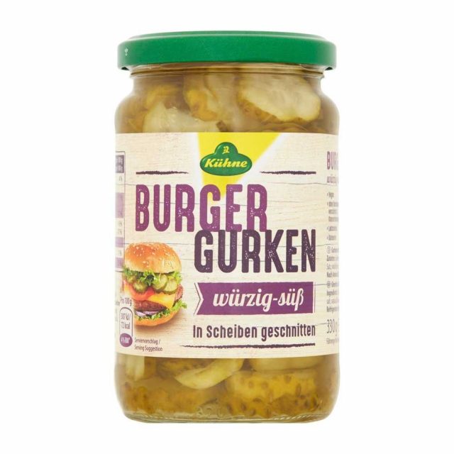 Kuhne Crinkle Cut Gherkin Burger Slices 330g Intwood Farm & Butchers